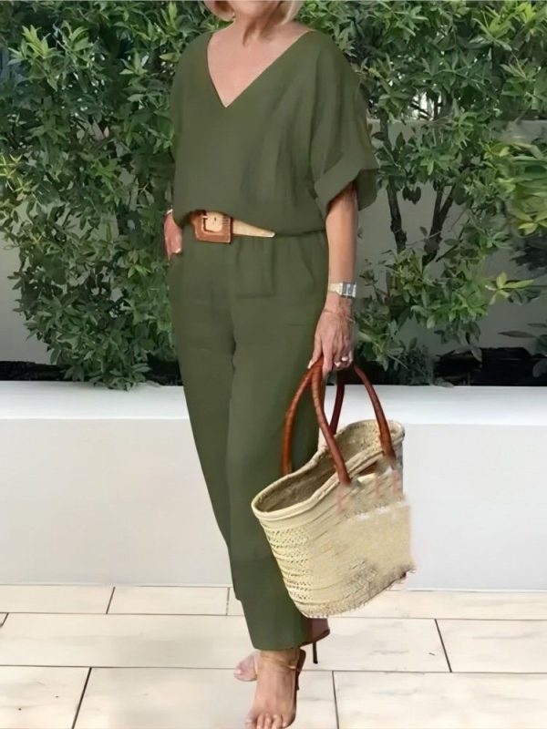 Women Fashion Solid Set Casual Office Elegant 2 Piece Sets Lady V Neck Short Sleeve Tops+long Pants