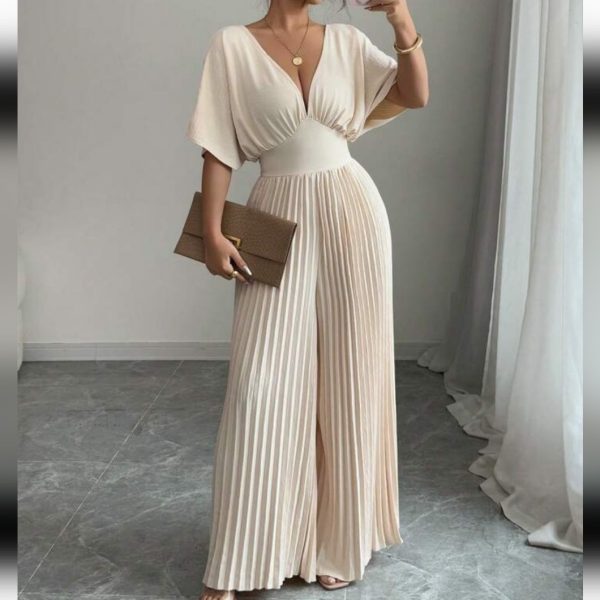 Women's Solid Deep V-Neck Bat Wing Pleat Elegant Jumpsuit | Color: Cream | Size: Various