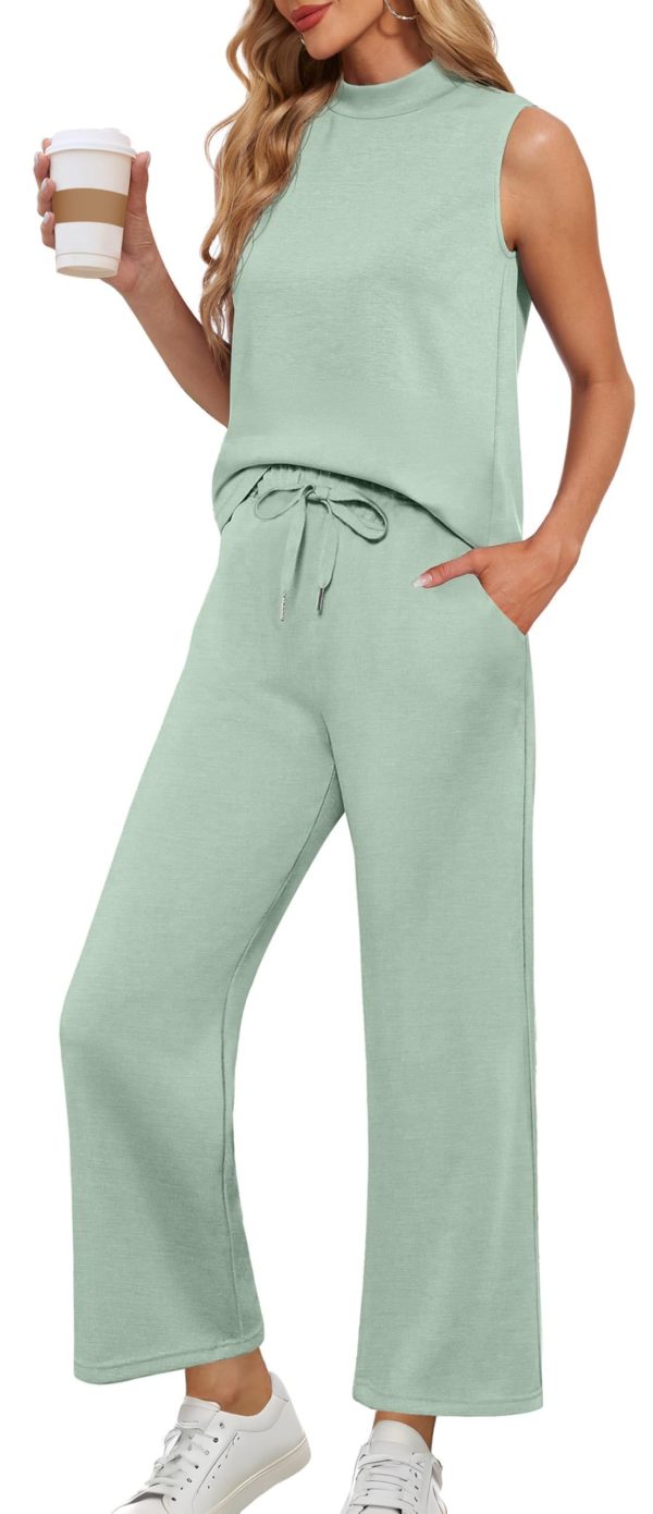 Lepunuo Two Piece Sets for Women Summer Mock Neck Sleeveless Top Wide Leg Pants Lounge Sets Vacation Travel Outfits