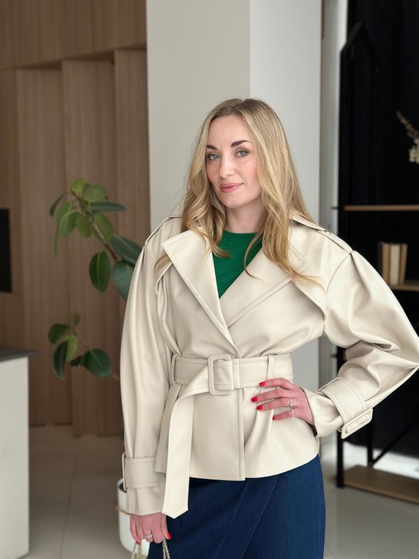 Pearl Faux Leather Belted Jacket | Designer Details | Size M, L