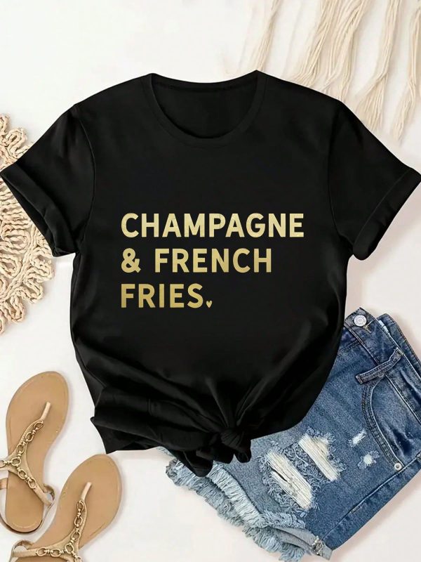 Champagne And French Fries Printed Women's T-Shirt, Summer Women's Fashionable, Casual, Comfortable And Soft Daily Outdoor Sports And Fitness Round Neck Short-Sleeved Breathable T-Shirt