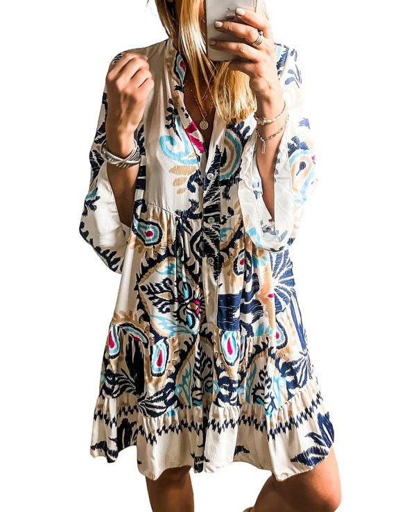 SELINK Womens Long Sleeve Dresses Casual V Neck Tribal Print Button Flowy Boho Mini Beach Dress