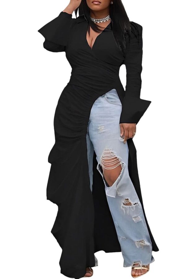 Choichic Women's Deep V Neck Ruched Long Sleeve Side Split High Low Irregular Hem Top Tunic Blouse Long Shirt Dress