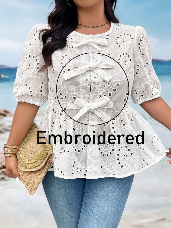 Plus Size Women Ladies White Tops Round Neck Short Sleeves All Over Embroidered Casual Tops, Daily Wear Boho/Bohemian, Holiday, Resort Style Summer Beach Wedding Guest Women Casual Summer Going Out Shirt Mother'S Day Simple Fashion Women Summer Clothing, Center Front Bow, Babydoll Top