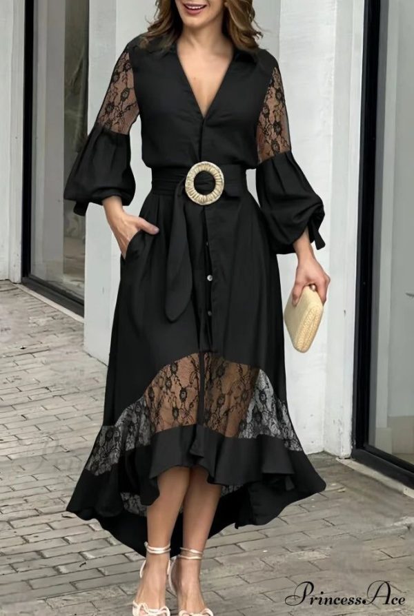 Ruffle Belt V Neck Long Sleeve Dress - S / White