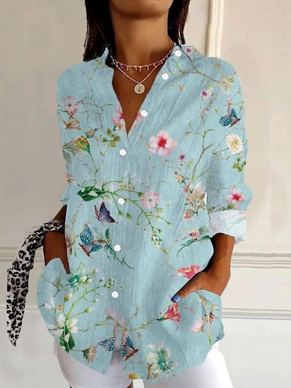 Women's Shirt Floral Graphic Daily Stylish Retro Vintage 3/4 Length Sleeve Shirt Collar Regular Tops Daily Holiday Going out Buttons Light Blue Summer Spring 2025 - $32.99