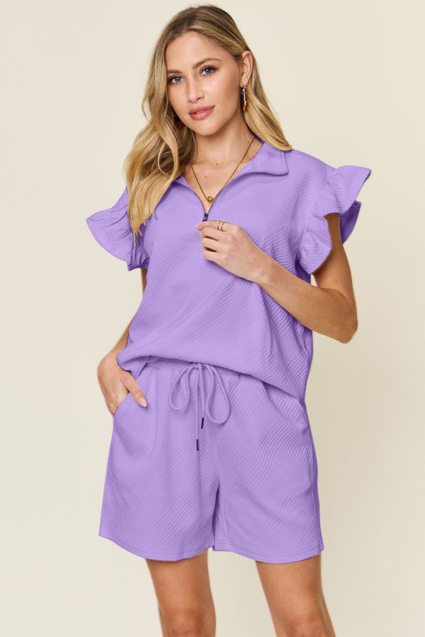 Texture Ruffle Sleeve Top and Shorts Set - Lavender / L