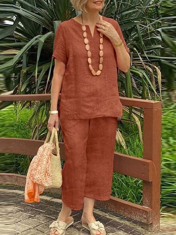 Women's Linen-Inspired Sets T Shirt Linen Pants Short Sleeve Solid Color White Orange Green Summer Regular Fit 2025 - $33.99