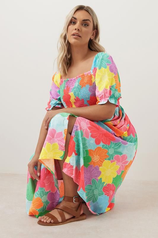 YOURS Plus Size Pink & Blue Floral Print Shirred Midaxi Dress