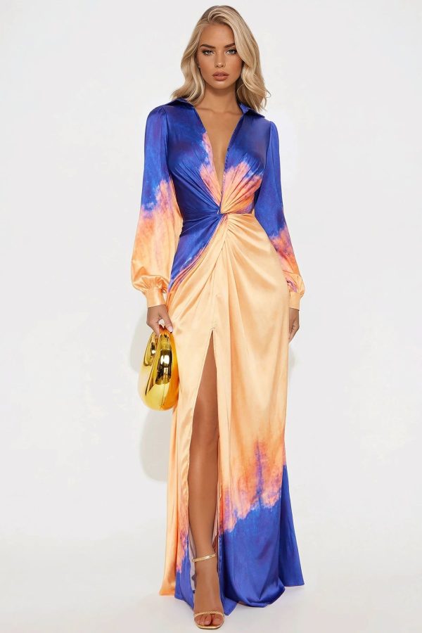 Women's Cabo Sunsets Satin Maxi Shirt Dress Combo in Blue Size Large