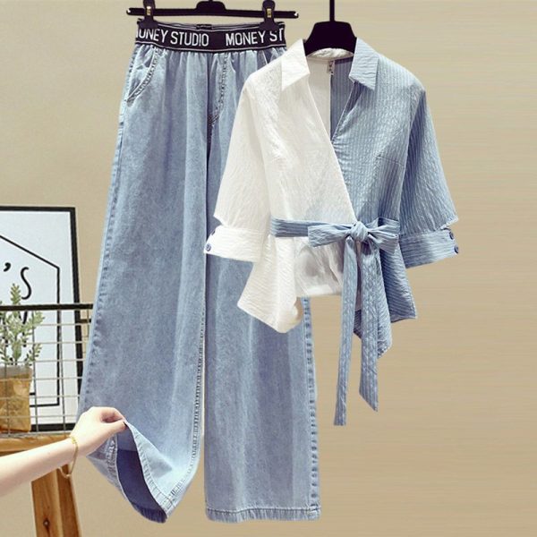 Womens pants summer solid color 3XL size traf Korean color block shirt jeans fashion high waist loose casual y2k Womens jeans XXXL-Shirt and jeans