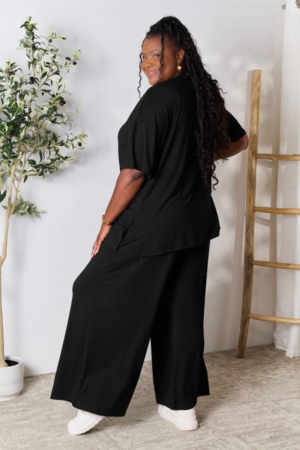 Double Take Full Size Round Neck Slit Top and Pants Set - Army Green / 3XL