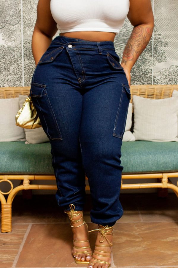 Xpluswear Plus Size Blue Daily Denim Asymmetric Waist With Pocket Cargo Jeans Blue-XL/14-16