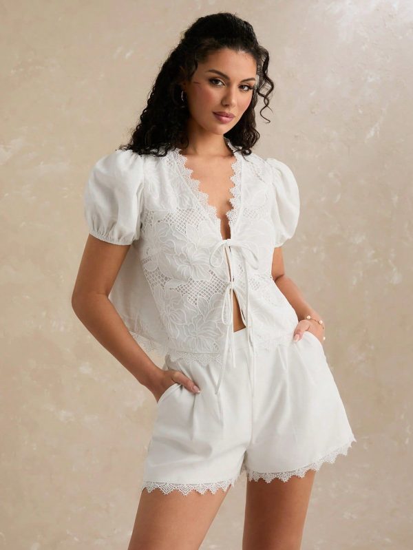 Spring/Summer Frenchy Women's Vacation Casual White Lace Trim Shorts,  Simple & Fashionable, ,Sweet&Elegant, For Vacation&Holiday &Sweet Date Night&Daily Commuting&Afternoon Tea&Garden Parties,Shorts Women