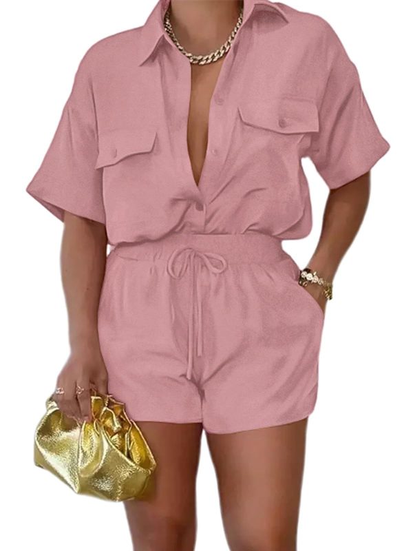 2 Piece Outfits for Women Summer Casual Short Sleeve Button Down Tops Blouses Shirts and Shorts Set with Pockets Romper