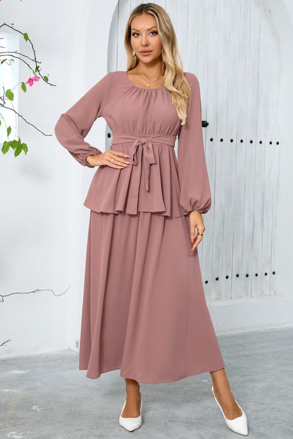 ZAPAKASA Women Dusty Rose A-Line Long Party Dress Scoop Long Sleeves Tiered Chiffon Cocktail Dress