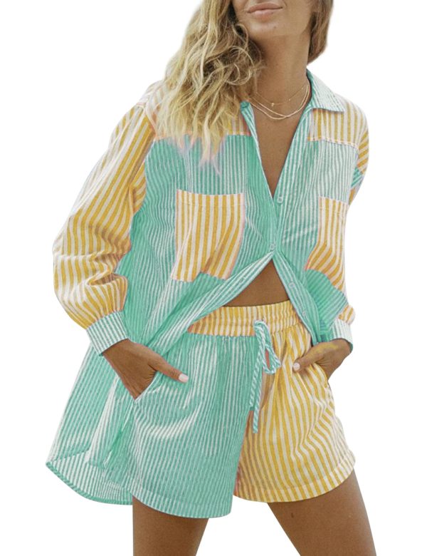 SAFRISIOR Women’s 2 Piece Casual Tracksuit Outfit Sets Stripe Long Sleeve Shirt And Loose High Waisted Mini Shorts Set