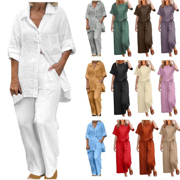 Rkwins Linen Set for Women Summer 2 Piece Outfits Short Sleeve Shirt and Pants Set Wide Leg Lounge Set with Pockets