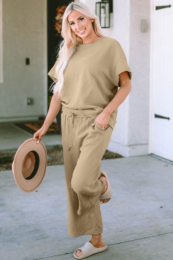Explore More Collection - Double Take Full Size Texture Short Sleeve Top and Pants Set - Camel / 2XL