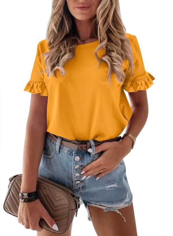 PRETTYGARDEN Women's Short Sleeve Casual T Shirts Summer Ruffle Plain Round Neck Loose Fit Tee Blouse Tops