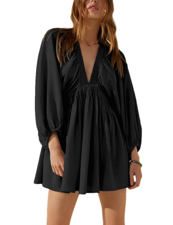 Tiko Miko Women's Sexy Long Sleeve V Neck Tunic Dress Casual Loose Flowy Mini Swing Shift Dresses