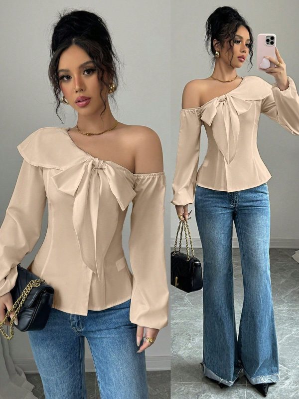 Asymmetrical White Blouse Long Sleeve Shirt Bow Decor Elegant Gathered Waist Minimalist Shirt