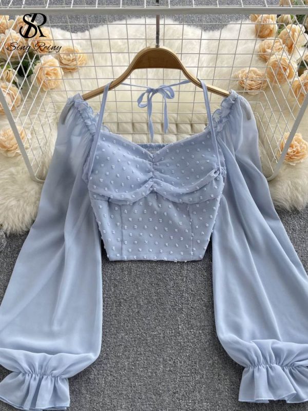 Zingj Polka Dot Folds Short Blouse Summer Slash Neck Long Sleeve Women Tie Halter Elastic Waist Fashion French Beach Top blue-One Size