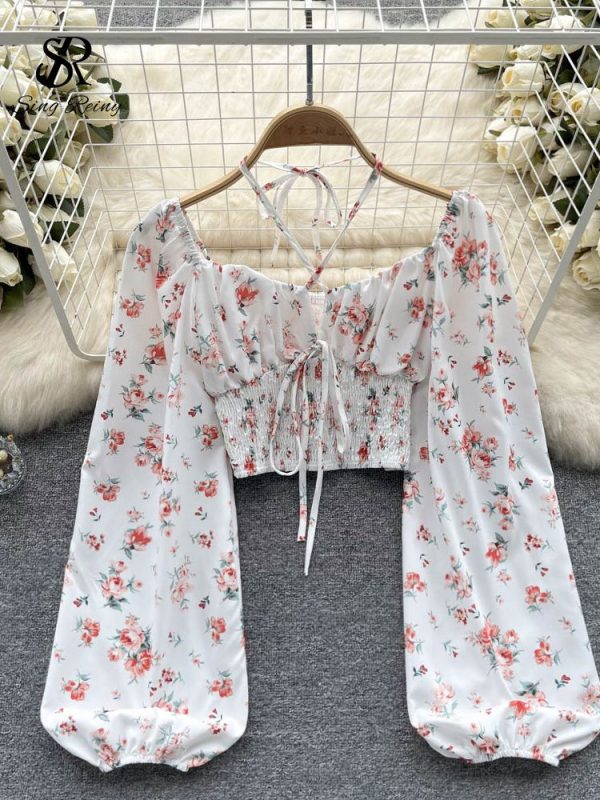 Zingj Summer French Style Print Short Blouse 2023 Long Sleeves Elastic Beach Top Women Fashion Backless Ruched Floral Blouse apricot-One Size