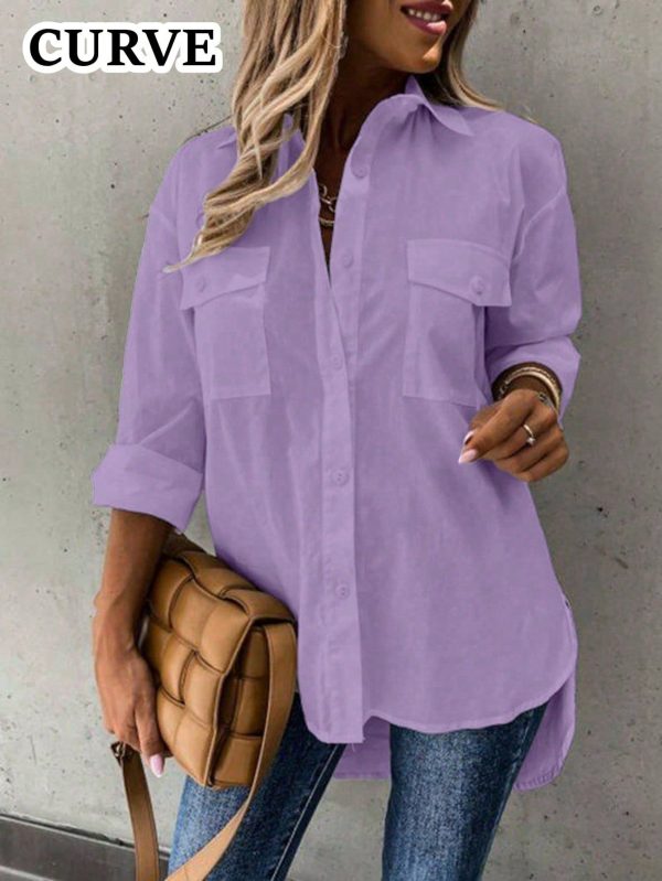 Plus Size Women's Solid Color Utility Pocket Single-Breasted Loose Casual Shirt