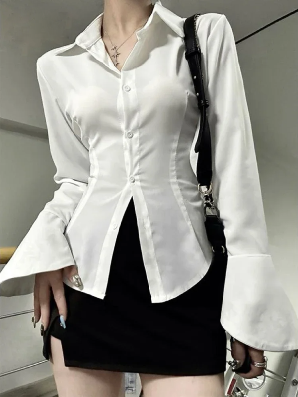 Sexy Slim Flared Sleeve Women's Shirt Solid Lapel Single-breasted Back Bandage Tunic Female Blouses