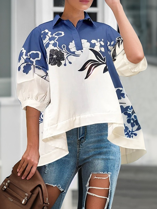 Women Casual Blouses Balloon Sleeve Shirt Collar Loose Half Sleeve Floral Summer for Daily