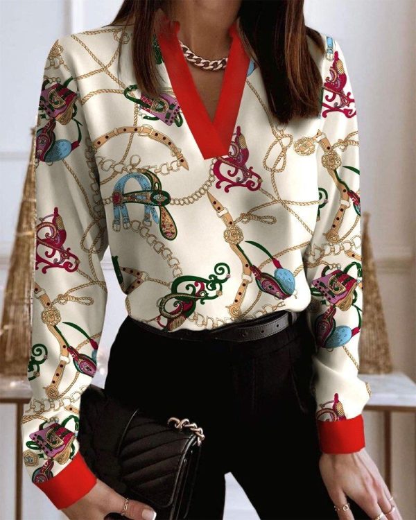Office Lady Chain Printed Pullover Blouse - Love M
