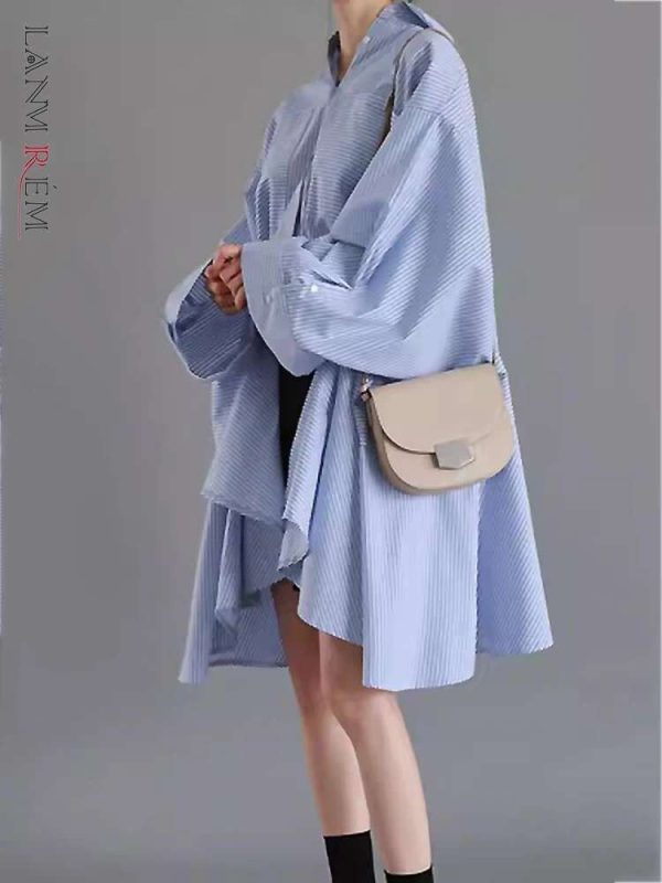 LANMREM Irregular Shirts Women Lapel Long Sleeves Loose Big Size Striped Shirt Female Casual