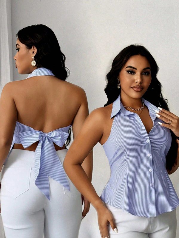 Plus Size Women's Backless Off-Shoulder Striped Sleeveless Shirt