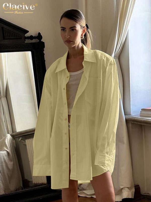 Clacive Fashion Loose Yellow Cotton Women's Blouse 2025 Casual Lapel Long Sleeve Shirt Elegant
