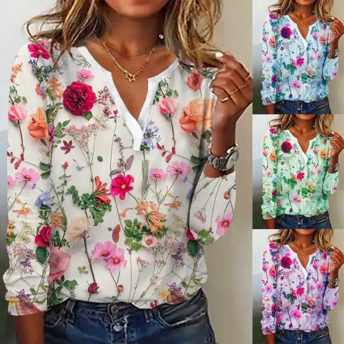 Women's Fashion Floral Print V-neck Long Sleeved Blouse