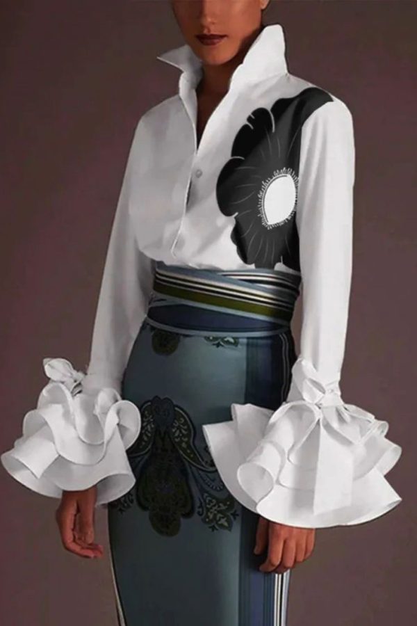Flared Sleeves Long Sleeves Flower Print Split-Joint Tiered Lapel Blouses&Shirts Tops