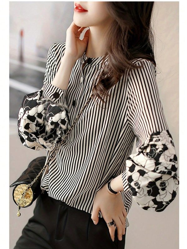 Women's Elegant Floral Striped Pattern Lantern Sleeve Shirt - Round Neck, Long Sleeves, Button Detail, Comfortable Polyester Top, Suitable For All Seasons