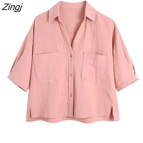 Zingj Women Fashion Solid Color Pockets Patch Split Loose Blouse Ladies Short Sleeve Prairie Style Shirt Chic Blusas Tops LS738 BB LS738K-S-China