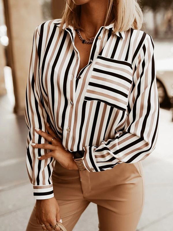 Buttoned Contrast Color Pockets Striped Long Sleeves Loose Lapel Blouses&Shirts Tops KHAKI-2XL