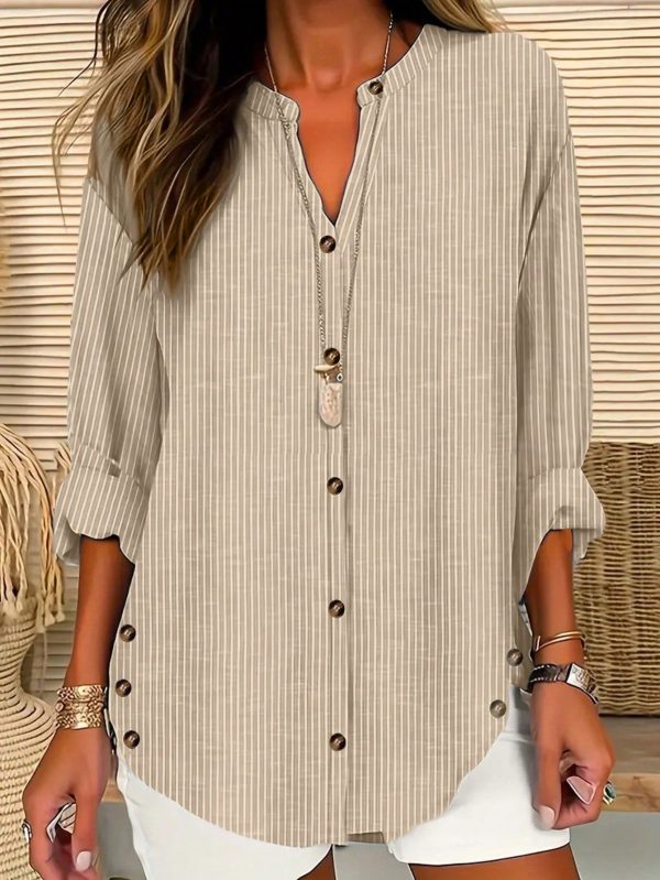 Women's Striped V-Neck Single-Breasted Casual Loose Blouse