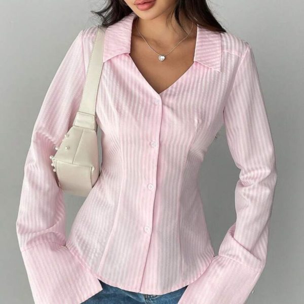 Rebellious Rose Tops | Women Striped Print Front Button Casual Long Sleeve Shirt,Long Sleeve Tops | Color: Pink | Size: Various