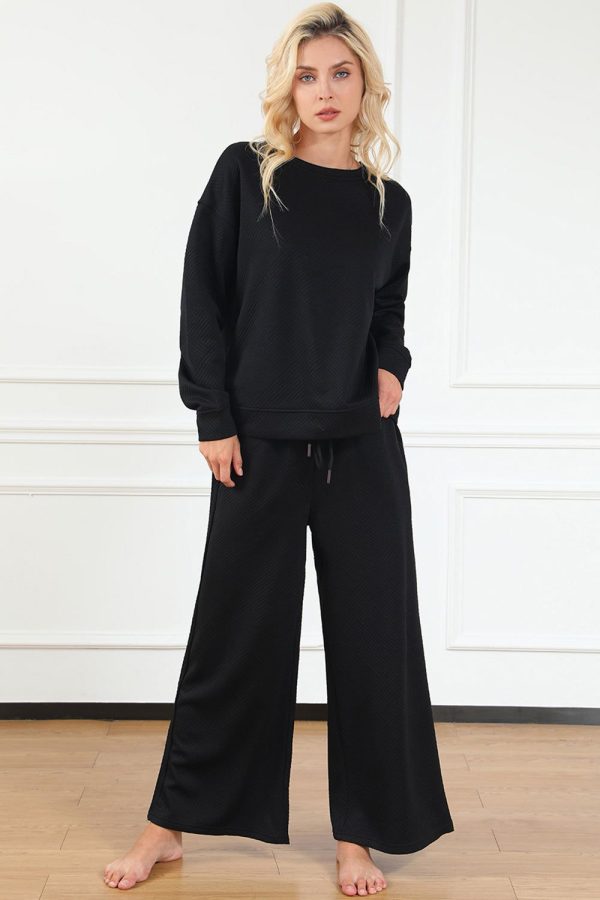 Double Take Full Size Textured Long Sleeve Top and Drawstring Pants Set - Cerulean / S