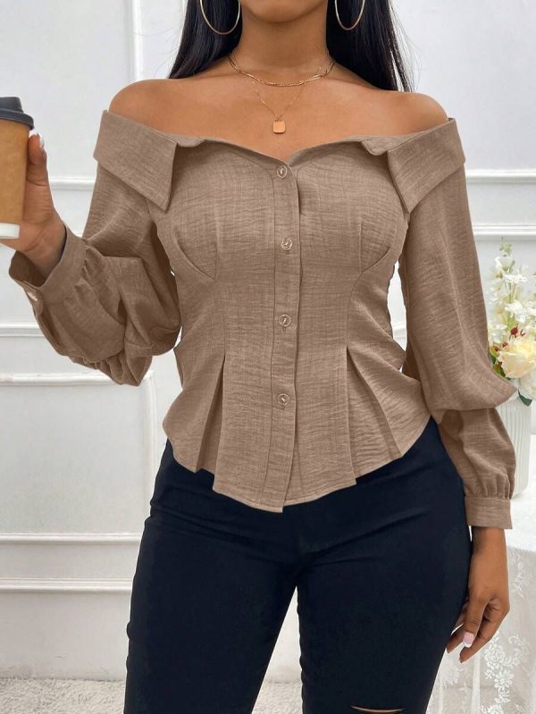VaVaBold Women's Fall/Winter Elegant Off Shoulder Long Sleeve Denim Effect Gathered Waist Blouse Women Shirt