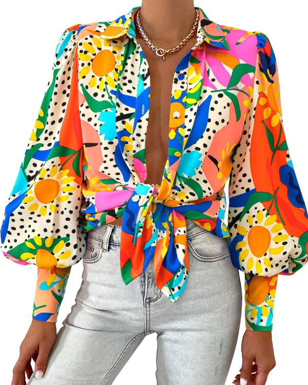 BTFBM Women Fashion Button Down Shirts V Neck Printed Solid Boho Long Sleeve Blouses Dressy Casual Summer Spring Tops