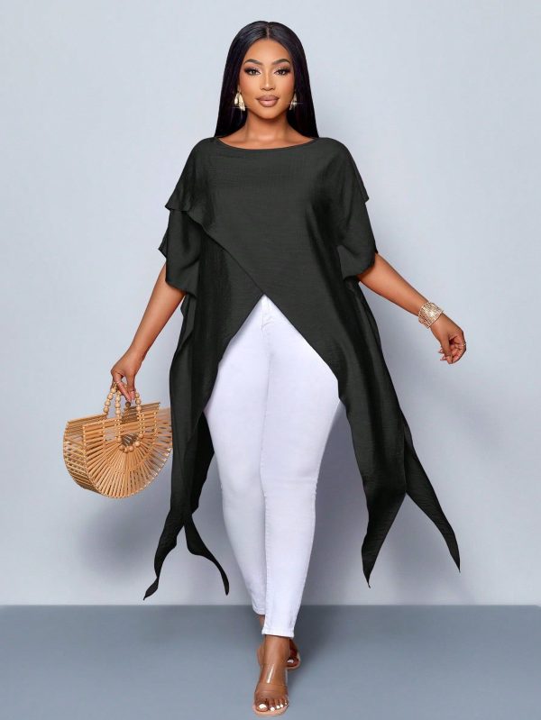 Plus Size Women's Solid Color Texture Asymmetrical Hem Batwing Sleeve Shirt Loose Casual Beach Vacation Beach Vacation Dating Music Festival Summer Halloween Valentine's Day