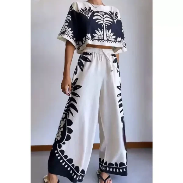Women's Spring/Summer Casual Loose Set Fashion Printed Round Neck Short Sleeved Drawstring Set