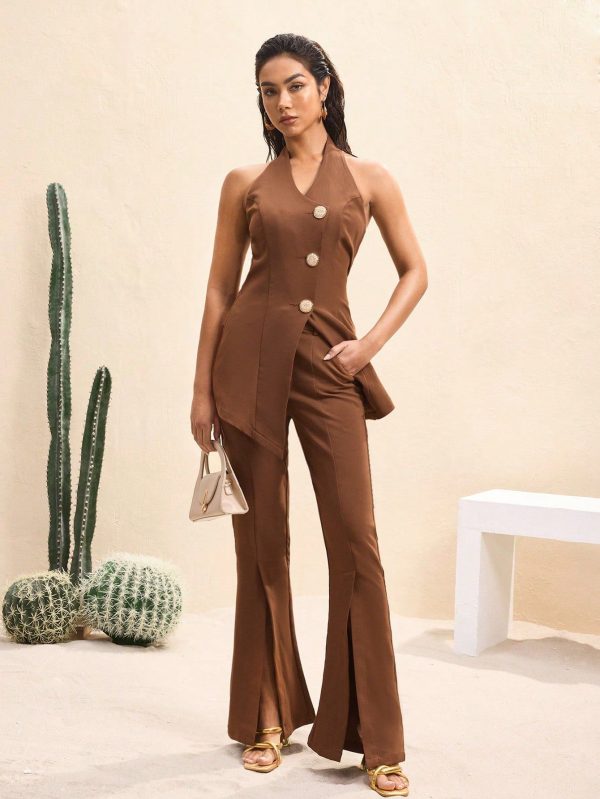 Dark Brown Solid Color High Waist Gold Button Asymmetric Slit Flared Pants Women's Pants Petite Casual Women Summer Clothes