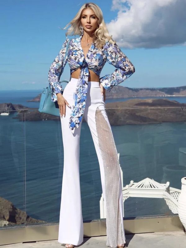 Black Red White New Summer Women Rayon Bandage Sexy Wide Leg Pants Fashion Diamond Keyholes Celebrity Wear Full Length Pant - black / M