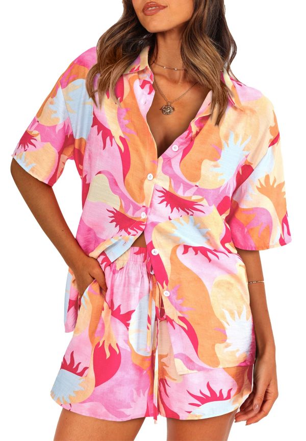 PRETTYGARDEN Women Summer 2 Piece Beach Outfits Printed Short Sleeve Tops Lounge Shorts Casual Tracksuit Set